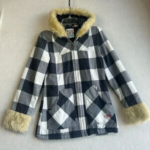 ROXY Y2K Plaid Faux Fur Hooded Jacket Coat Size MEDIUM